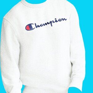 Men's Champion Powerblend Crewneck Sweatshirt, Classic Script Logo, white large
